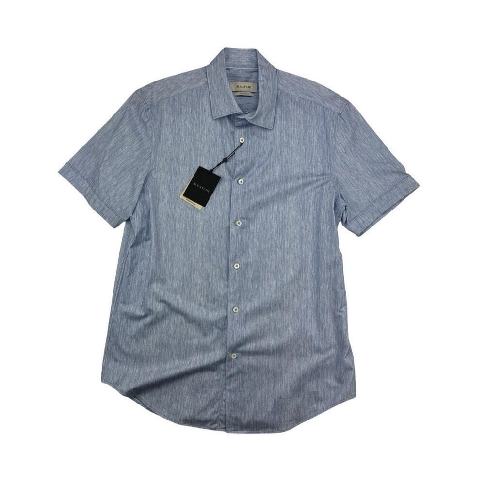Bugatchi 8 Way Stretch Cotton Button-Up Short Sleeve Shirt Classic Blue Size M